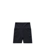 Black active bike shorts featuring a high waistband and pockets, with a logo present.