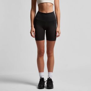 Active bike shorts in black with a high waistband and contrasting stitching, featuring a logo on the waistband.