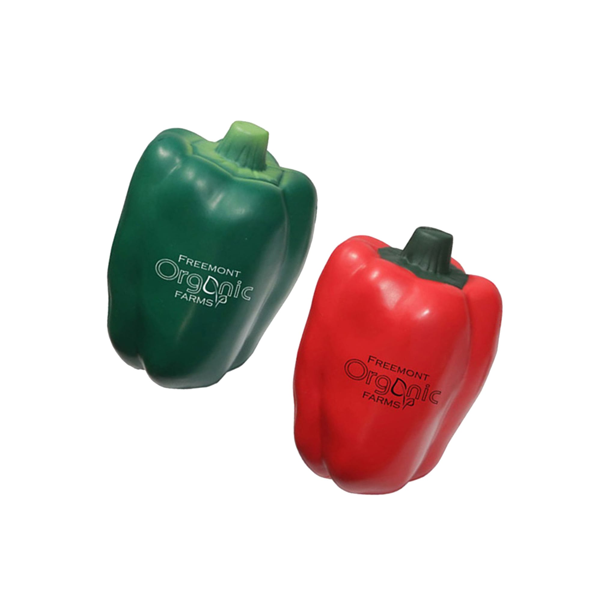 A green and a red capsicum-shaped stress reliever with a logo, both made of soft material. Capsicum Shape Stress Reliever - Image 1