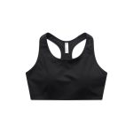A black crop top with a racerback design, featuring a logo on the front. Perfect for sports activities.