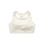 A cream-coloured sports crop top with a racerback design and a logo on the back.