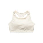 A cream-coloured crop top with a racerback design, featuring a logo.
