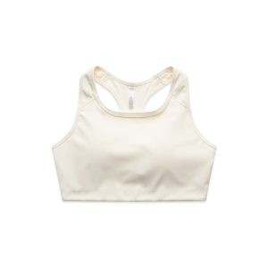 A cream-coloured crop top with a racerback design, featuring a logo.