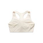 A white sports crop top with a racerback design and a logo on the back.