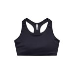 A black sports crop top with a racerback design and a small logo on the front.