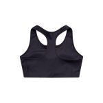 A black sports crop top with a racerback design and stitching details, featuring a logo on the back.
