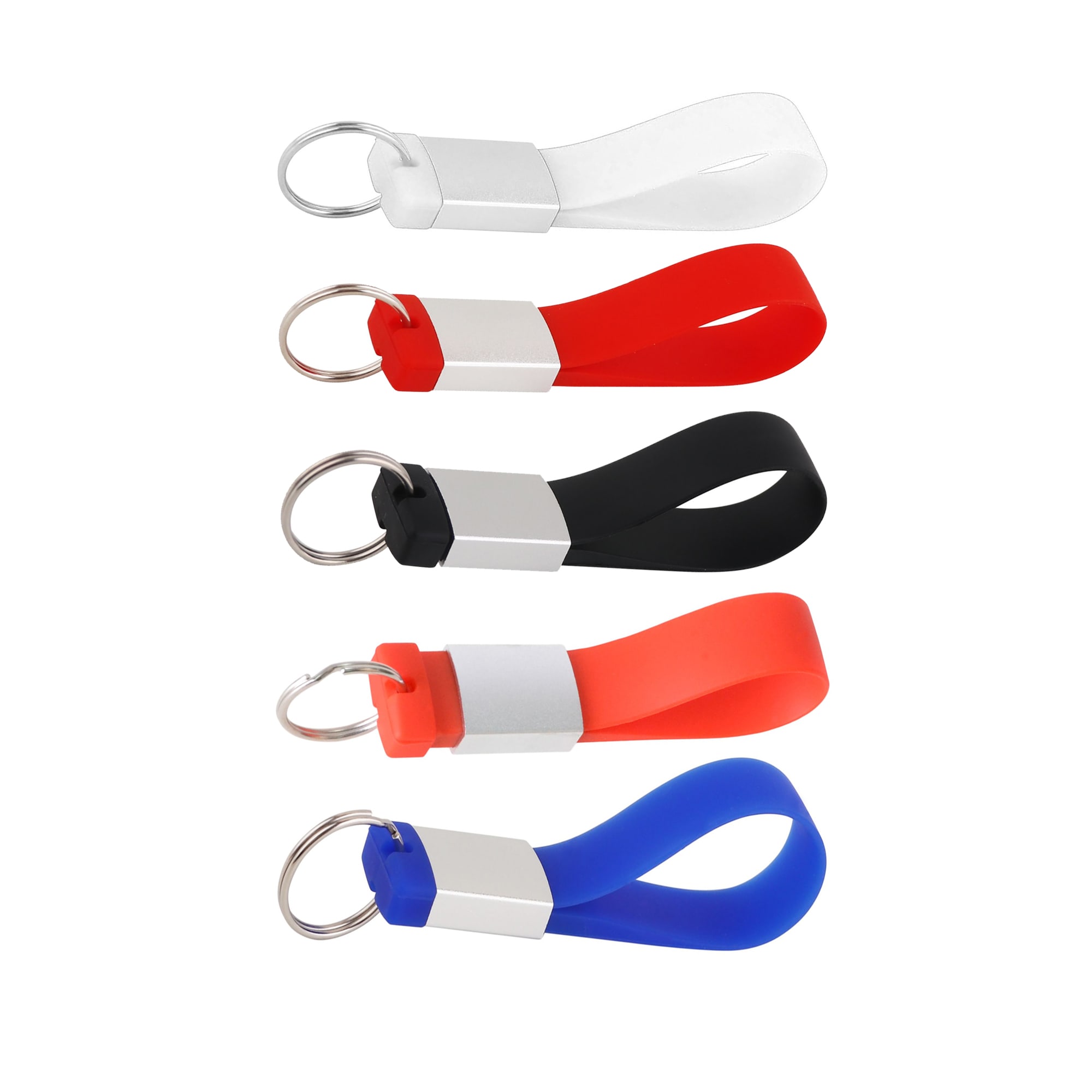 A set of silicone tag flash drives in white, red, black, orange, and blue with metal keyring attachments. Silicone Tag Flash Drive - Image 1