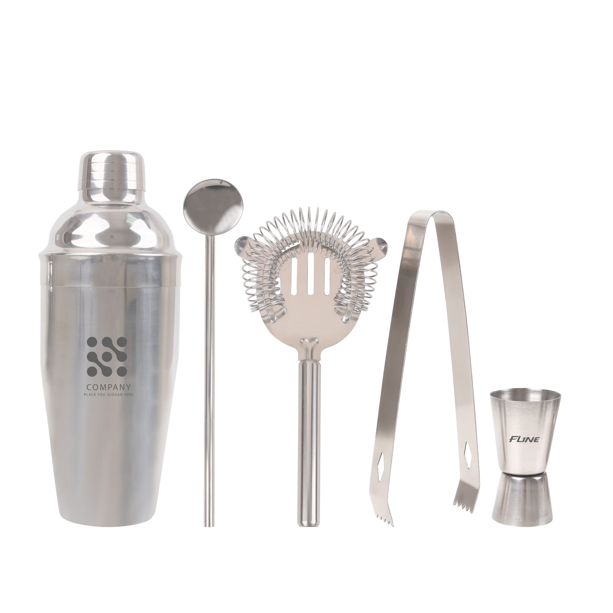 A cocktail tools set featuring a stainless steel shaker, strainer, stirring spoon, tongs, and jigger, all in silver. 550ml Cocktail Tools Set (5pcs) - Image 1