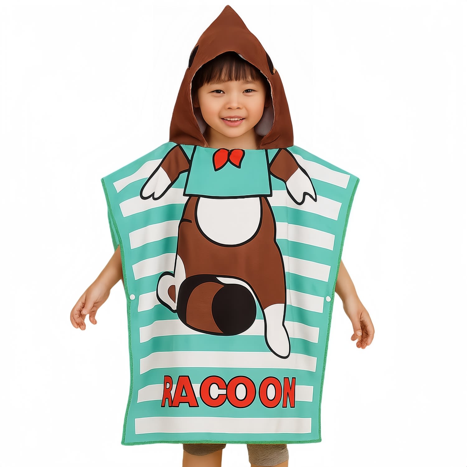 A kids' hooded change towel featuring a raccoon design, with green and white stripes and a brown hood. 100% Microfibre Sublimation Kids Hooded Change Towel - Image 1
