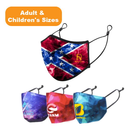 Three reusable face masks in various colours, featuring a logo on each and adjustable ear loops for different sizes. 3 Ply Digital Print Reusable Face Mask - Adult & Children's Sizes - Image 1