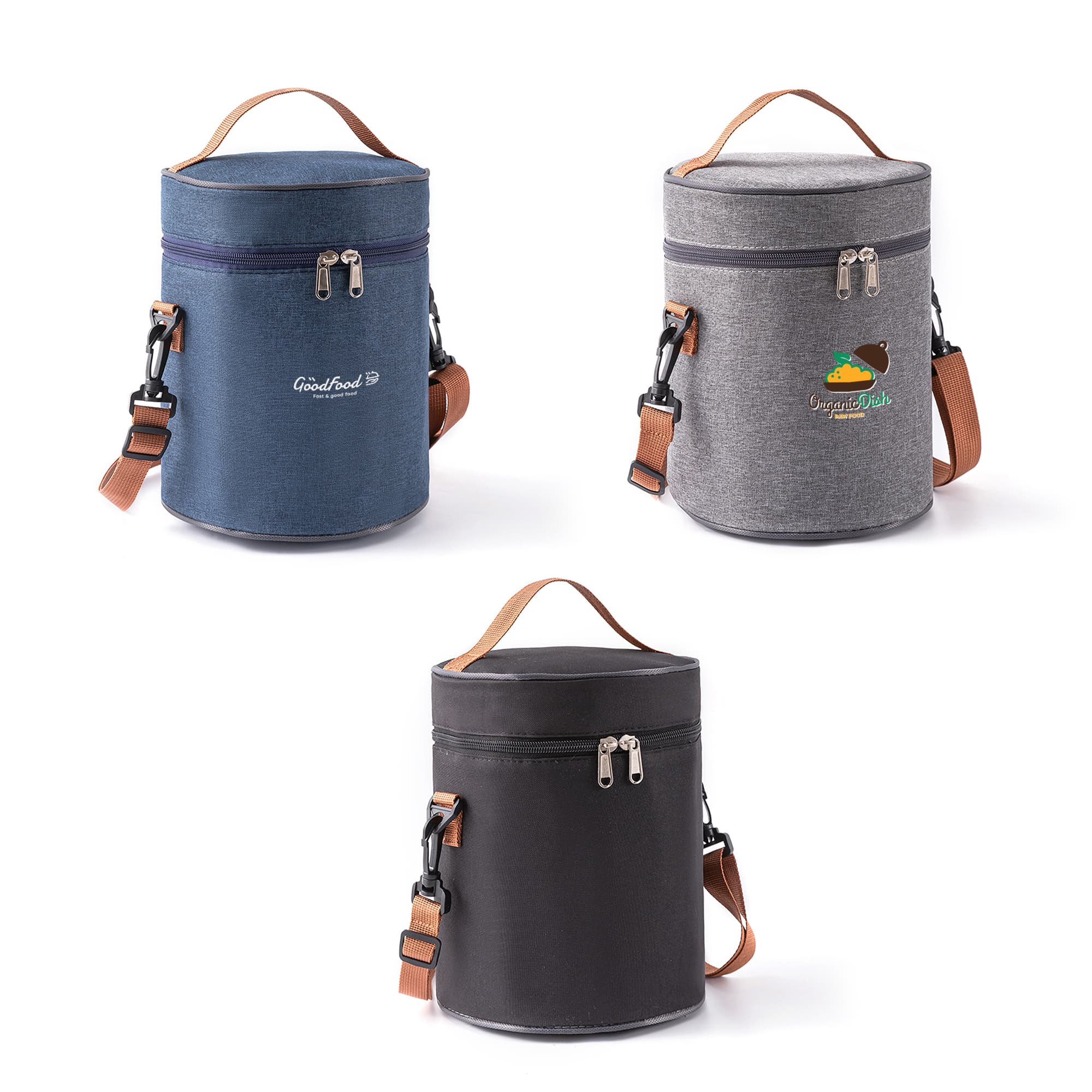 Three cylindrical lunch bags in navy, grey, and black, featuring zip closures and adjustable straps. One has a logo. Cylindrical Lunch Bag - Image 1