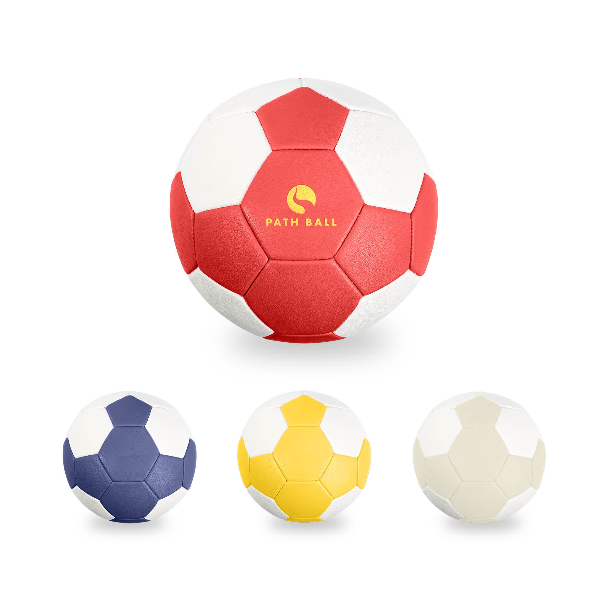 A red and white handball with a logo, surrounded by a yellow, navy, and white handball. Machine-Stitched Microfiber PU Handball - Image 1