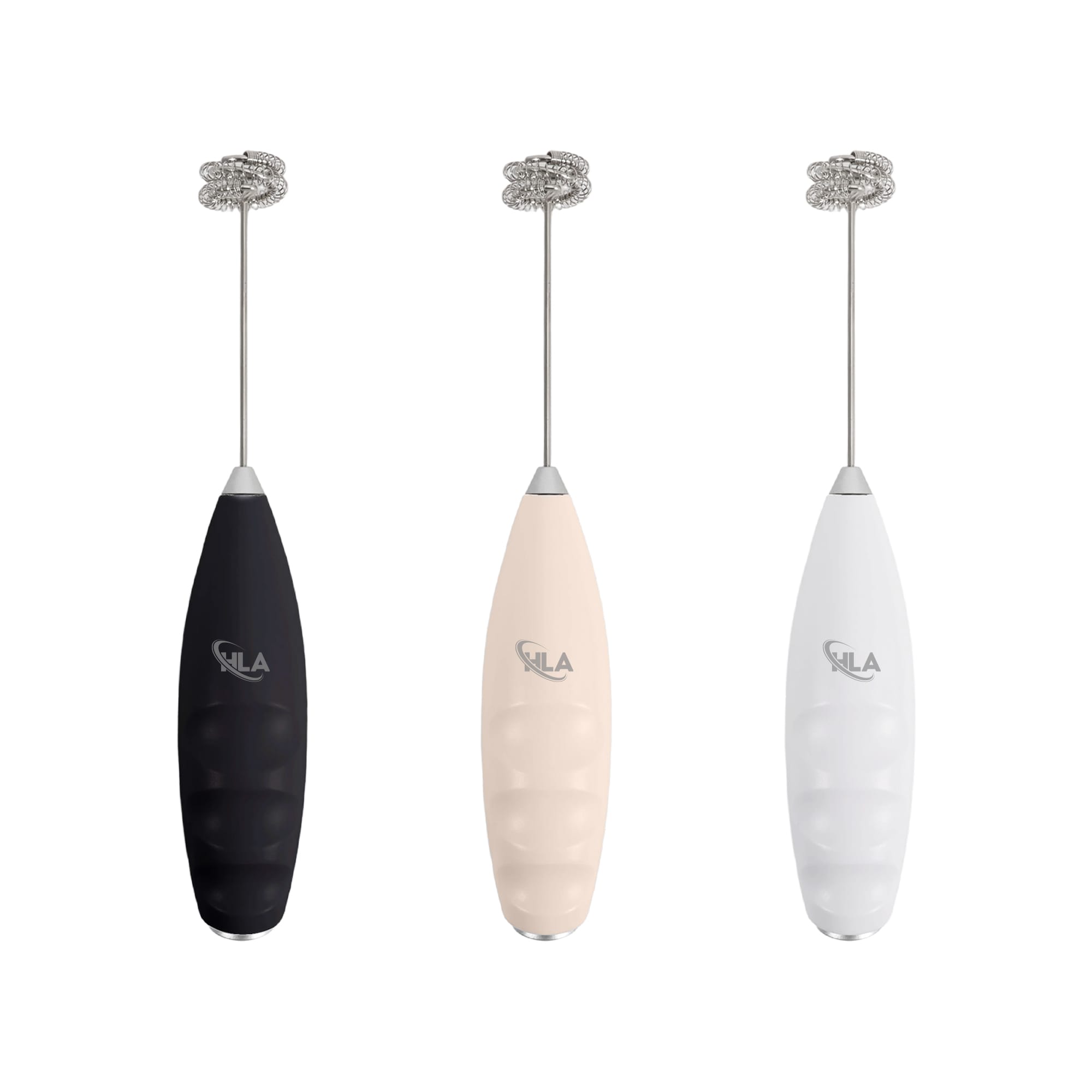 A milk frother in black, cream, and white, featuring a metallic whisk attachment and a logo. Milk Frother - Image 1