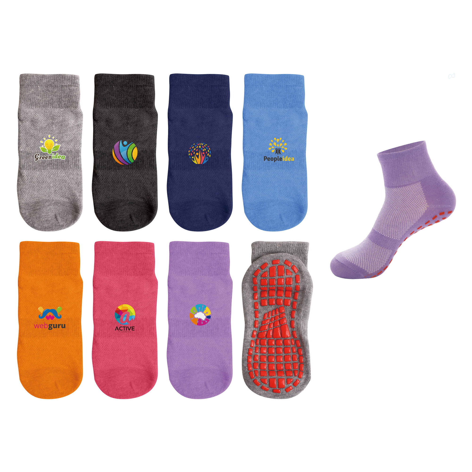 A variety of crew socks in grey, navy, orange, pink, purple, and a single purple sock with a gripper sole. Crew Kids Gripper Socks - Image 1