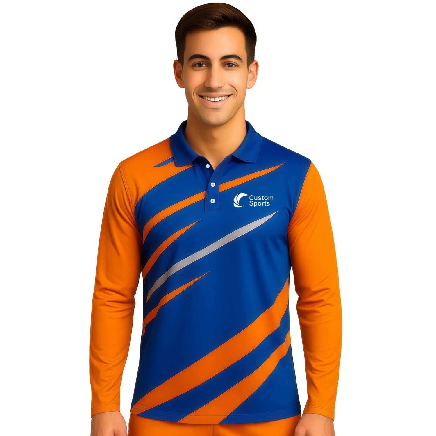 A long-sleeved polo shirt in blue and orange with a logo, featuring a dynamic design. 100% Poly Milk Silk Sublimated Basic Long Sleeves POLO - Image 1