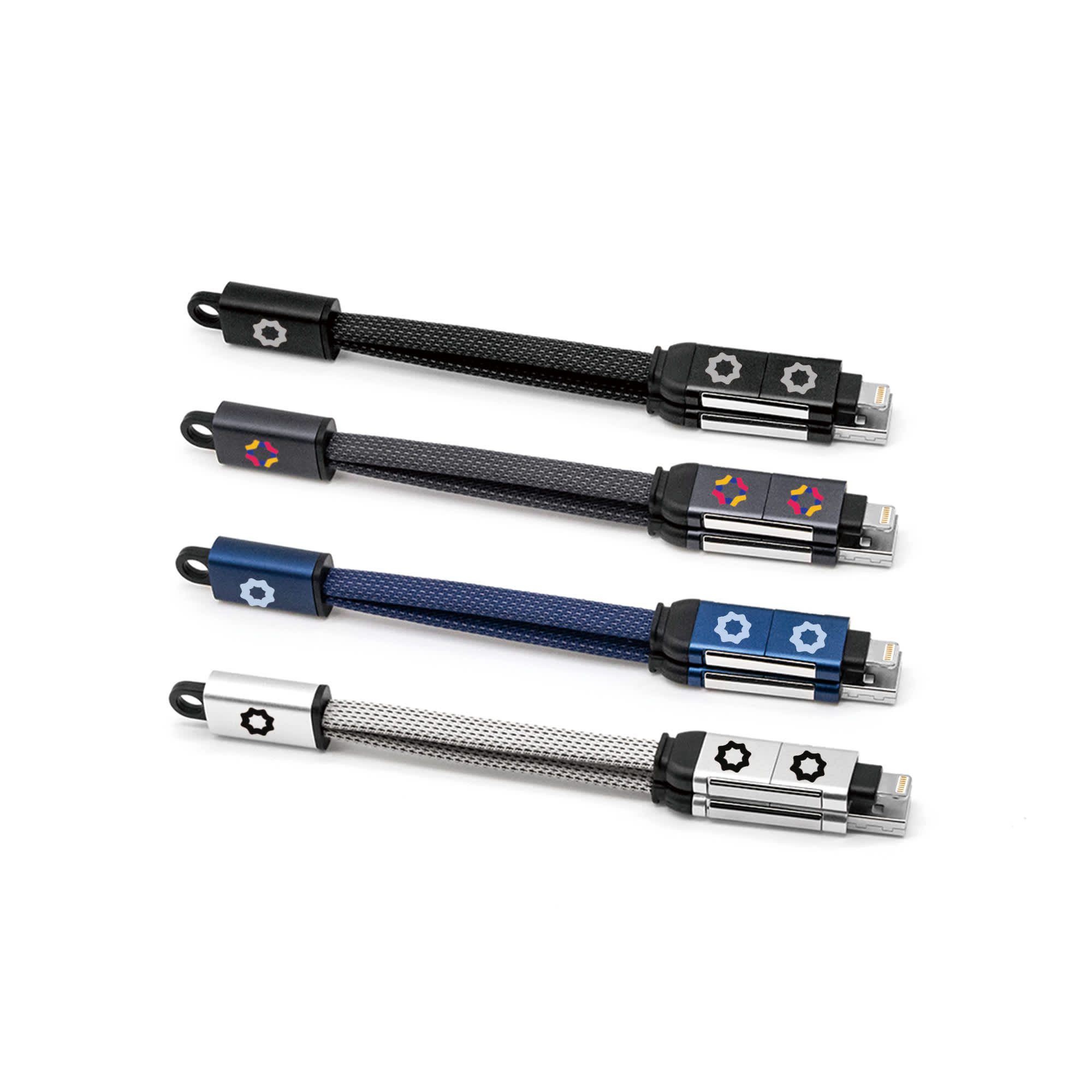 A set of four braided charging cables in black, blue, silver, and dark grey, each with a keyring and branded logo. 60W 4-in-1 Braided Charging Cable with Keyring - Image 1