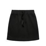 A black terry skirt featuring an elastic waistband and drawstring. The design is simple and minimalist.