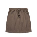 A terracotta-coloured skirt featuring an elastic waistband and adjustable drawstring, with side pockets and a logo.