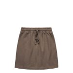 A terry skirt in olive green with an elastic waistband and drawstring. It includes a logo on the waistband.