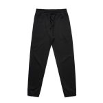 Black track pants with an elastic waistband and cuffs, featuring a drawstring and a logo.