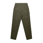 Utility pants in olive green with multiple pockets and a logo. Ideal for casual or outdoor wear.