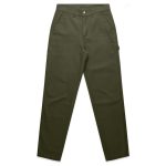 Utility pants in olive green, featuring cargo pockets and a fitted design. Includes a logo on the waistband.