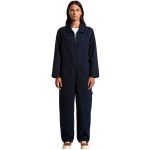 A navy blue canvas overall with long sleeves and a front zipper, featuring pockets and a branded logo.