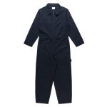 A pair of navy blue canvas coveralls featuring a collar, zip front, and a pocket. The garment has a logo.
