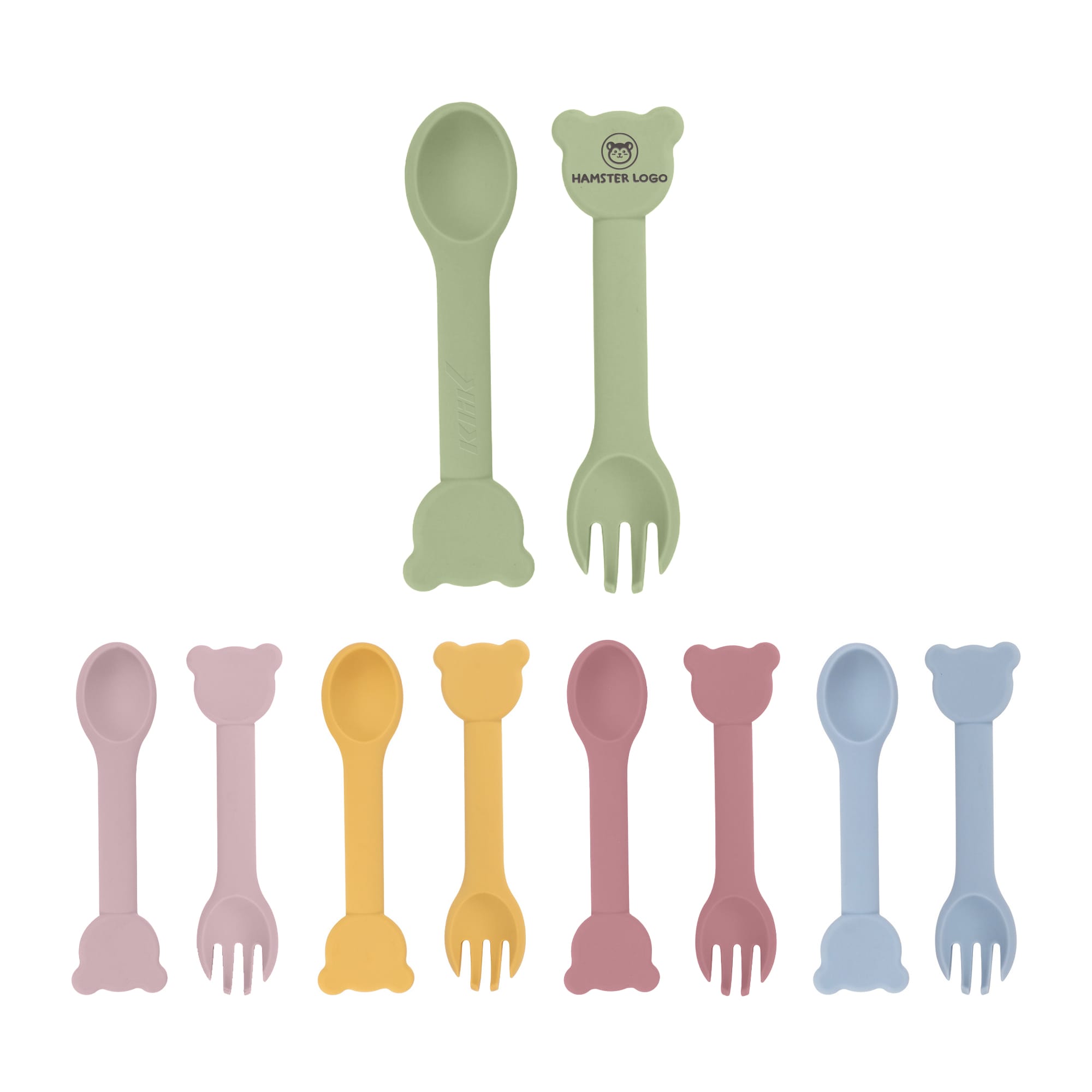 A collection of bear-shaped silicone kids' cutlery in pastel colours, including green, yellow, pink, and blue, with a logo. Bear Shape Silicone Kids Cutlery - Image 1