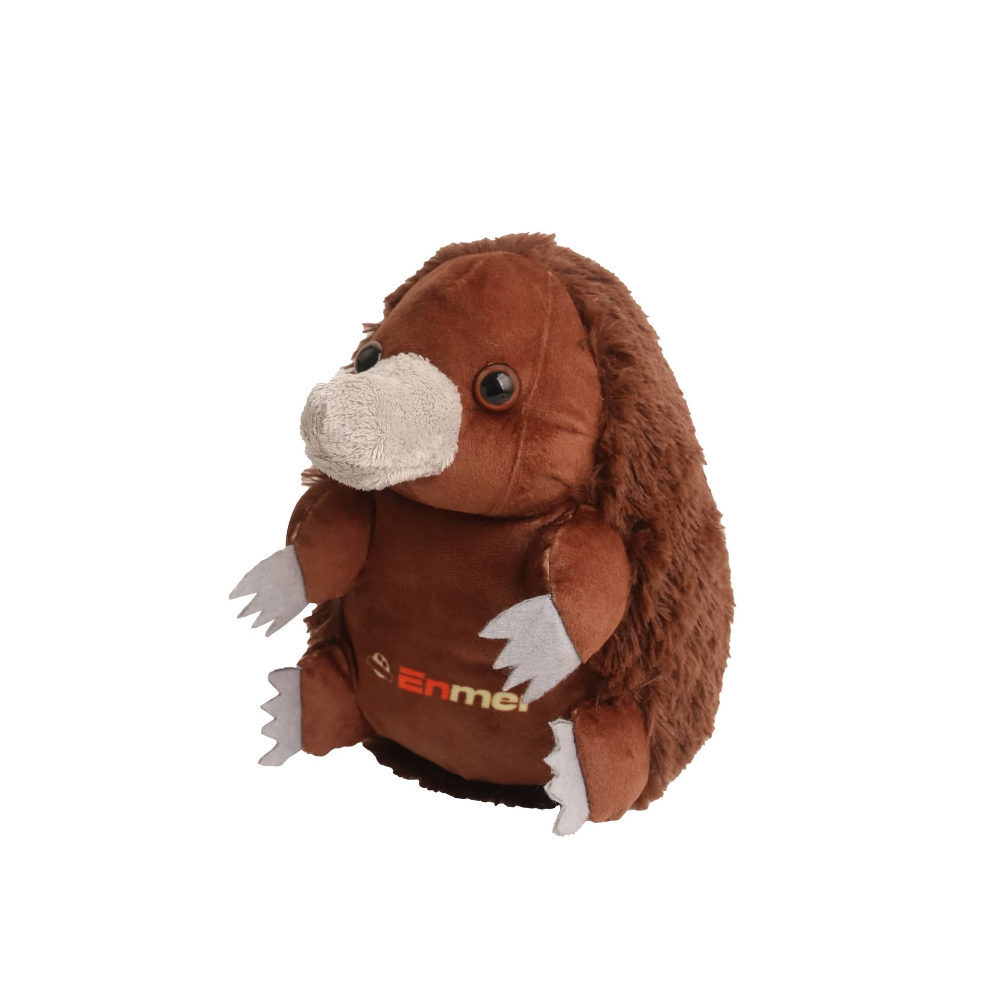 A brown echidna plush toy with grey accents and a logo on the front, featuring realistic eyes and feet. Custom Echidna Plush Toy - Image 1