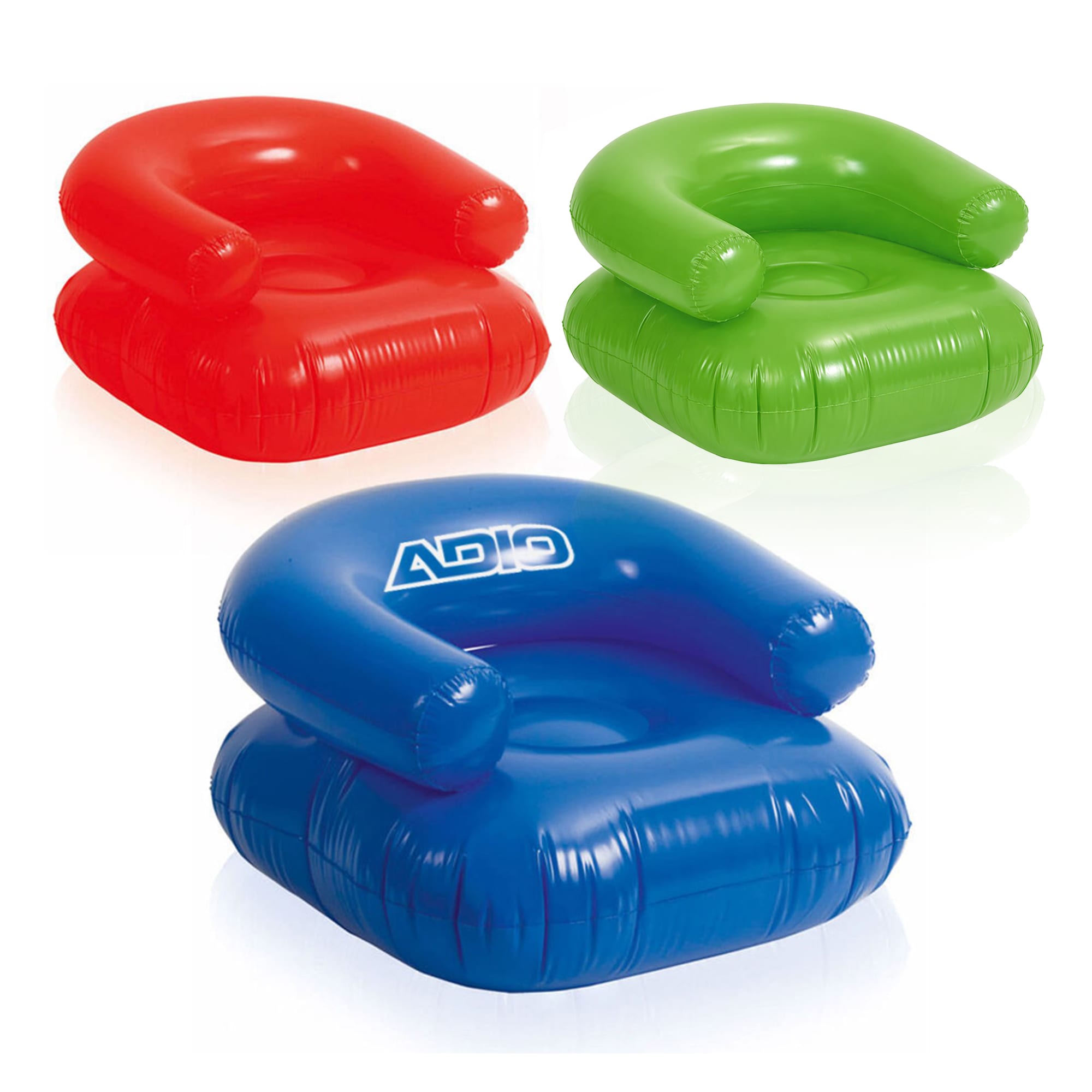 Custom inflatable chairs in red, green, and blue, featuring rounded backs and armrests, with a logo on one chair. Custom Inflatable Chairs - Image 1
