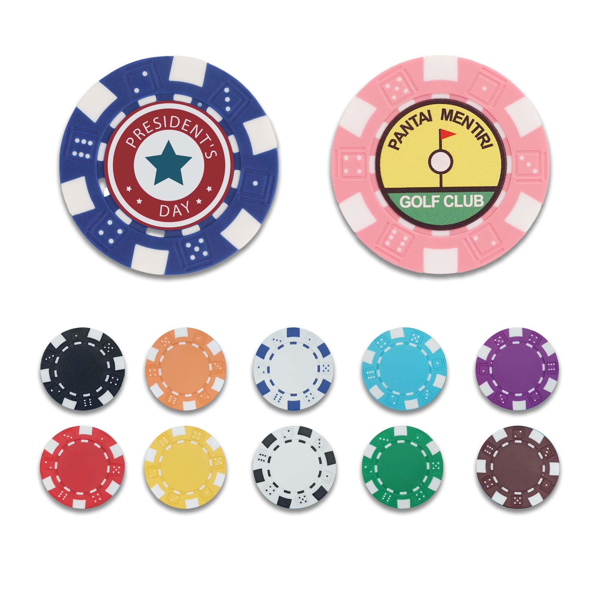 A set of colourful ABS poker chips in various designs and colours, including blue, pink, white, and green, featuring different motifs. ABS Poker Chips - Image 1