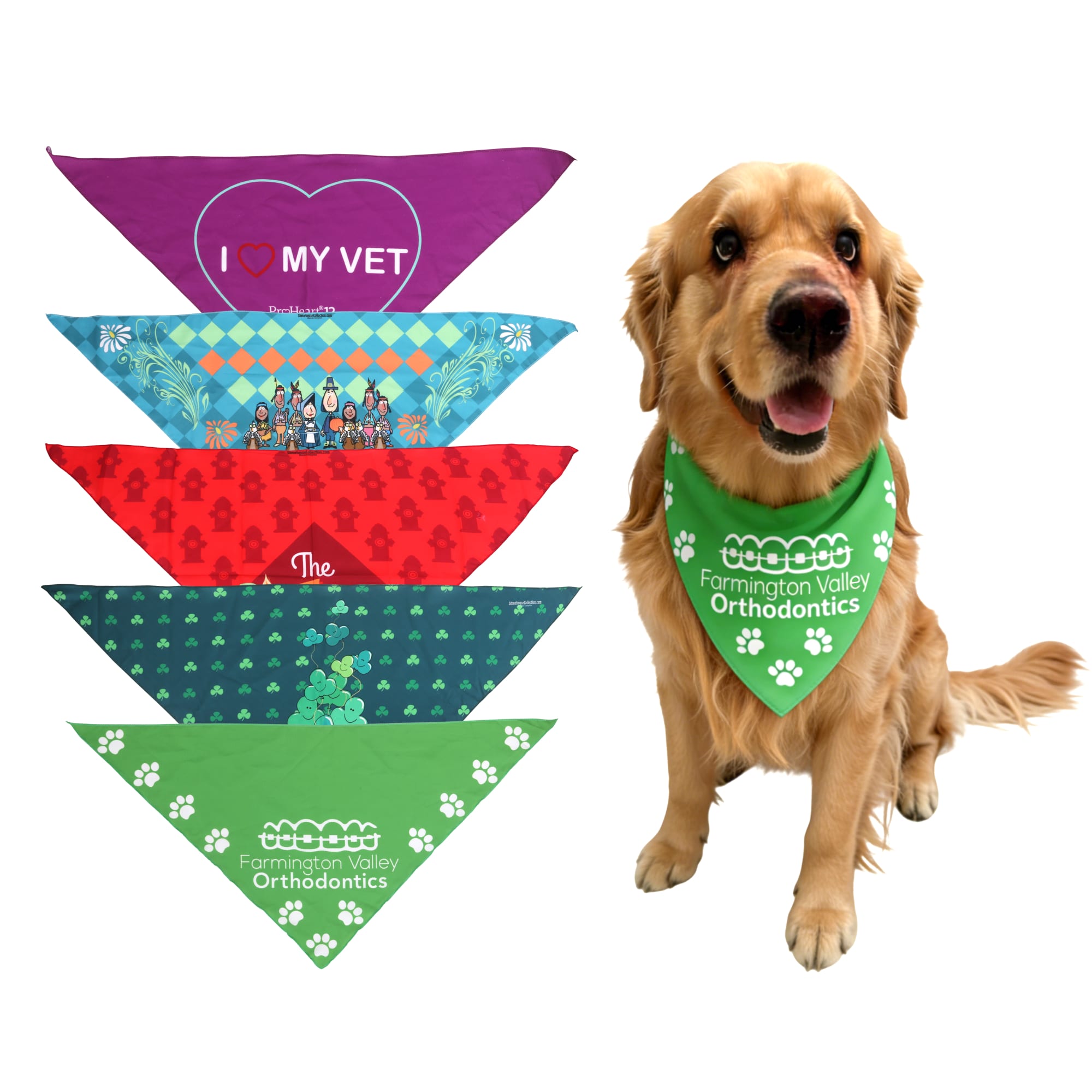 A collection of triangular pet bandanas in various colours, including green, red, blue, and purple, with a dog wearing one. Triangle Pet Bandana - Image 1