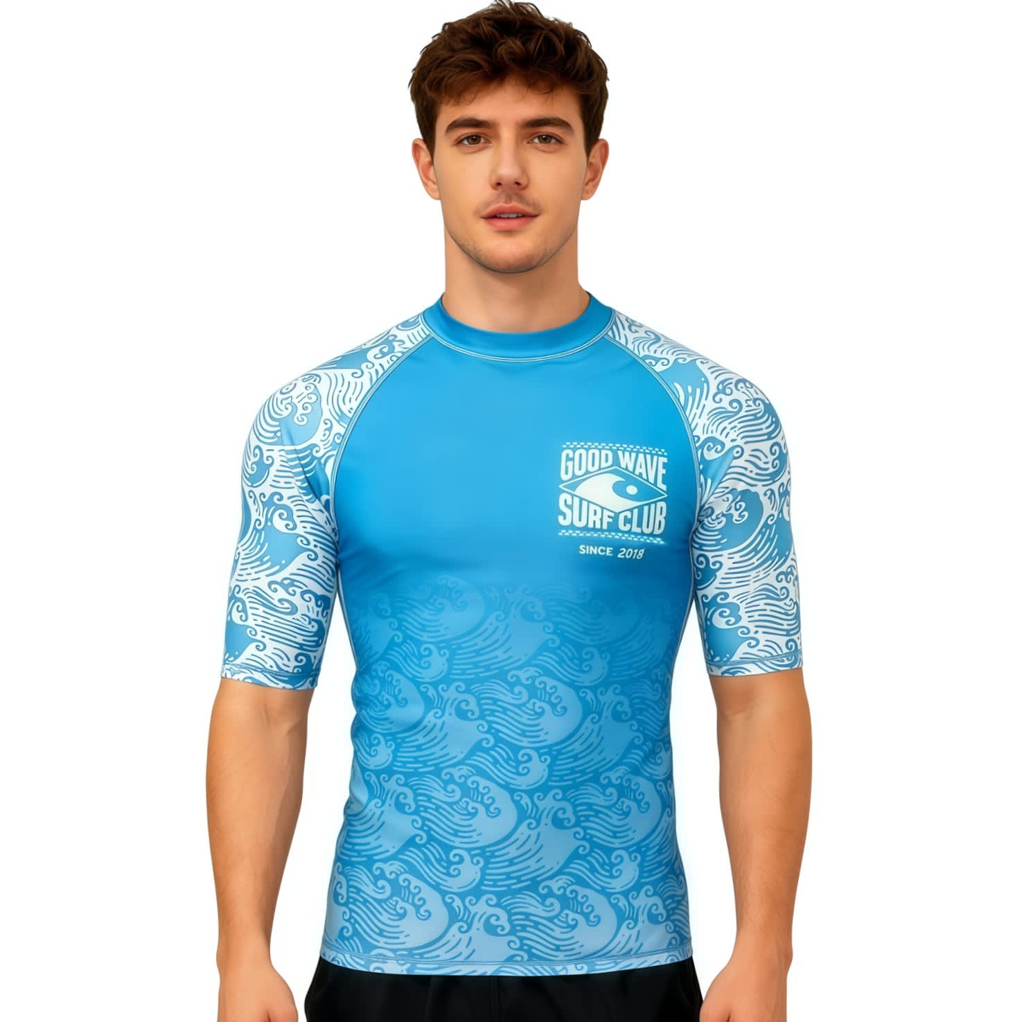A blue rashie featuring wave patterns and short sleeves, designed with UPF 50+ protection. It includes a logo. Sublimation Short Sleeves UPF 50+ Rashie - Image 1