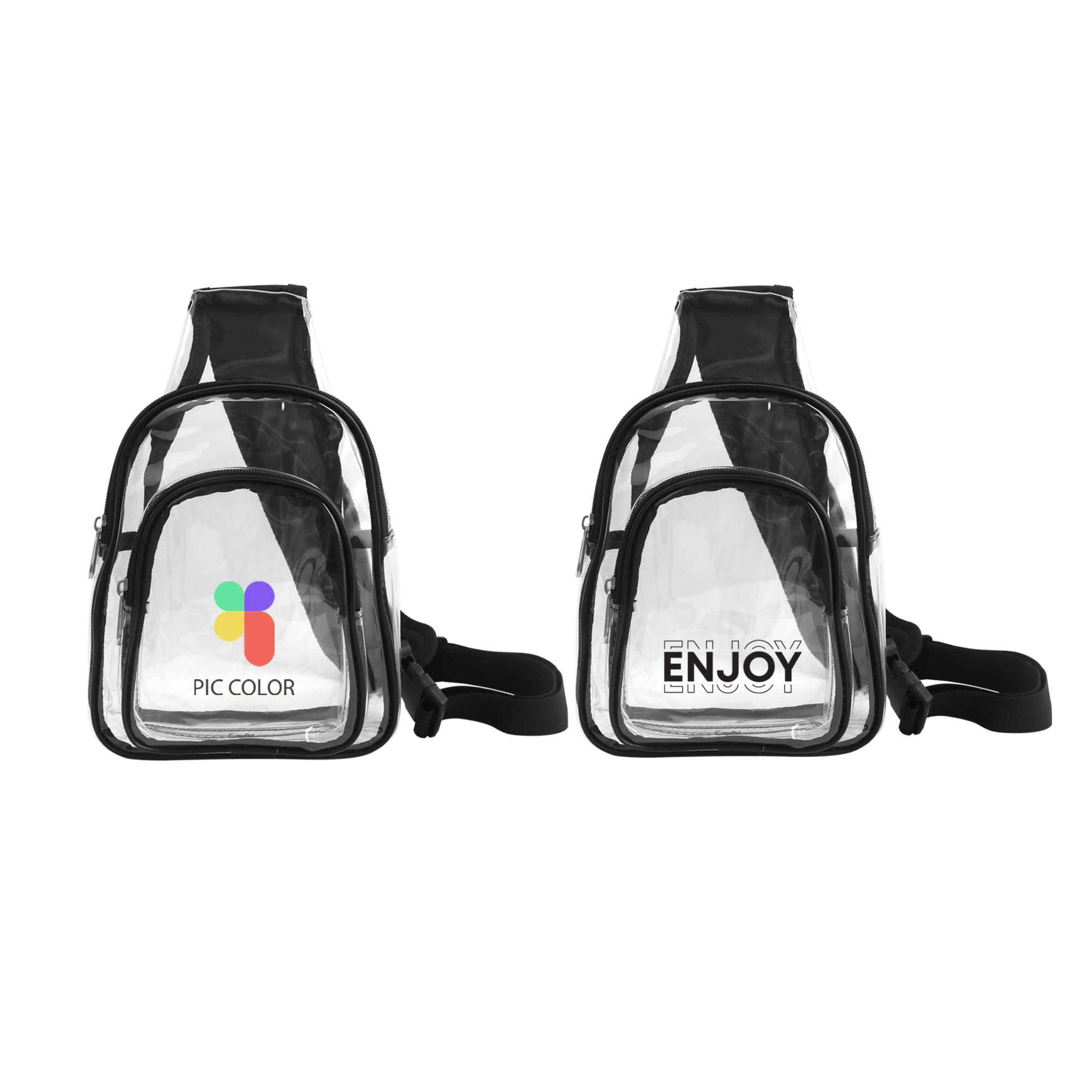 A clear PVC crossbody backpack with black straps and two distinct front pockets, one featuring a logo. Clear PVC Crossbody Backpack - Image 1