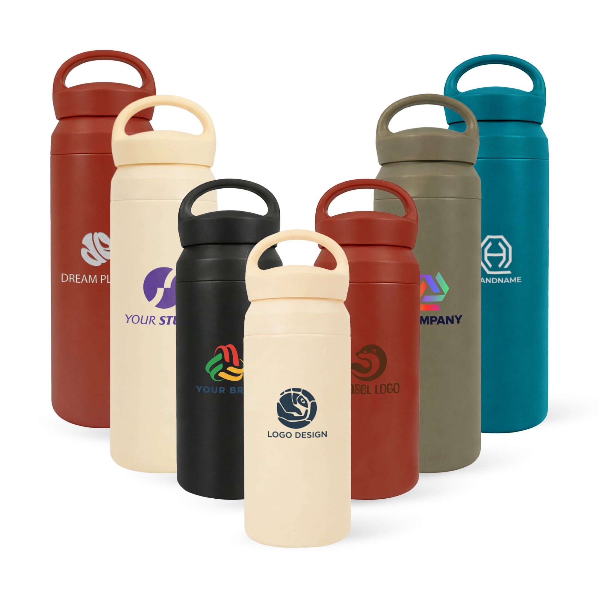 A drink bottle collection featuring 350ML and 500ML double wall stainless steel options in various colours with handles and logos. 350ML/500ML Double Wall Stainless Steel Drink Bottle with Handle - Image 1