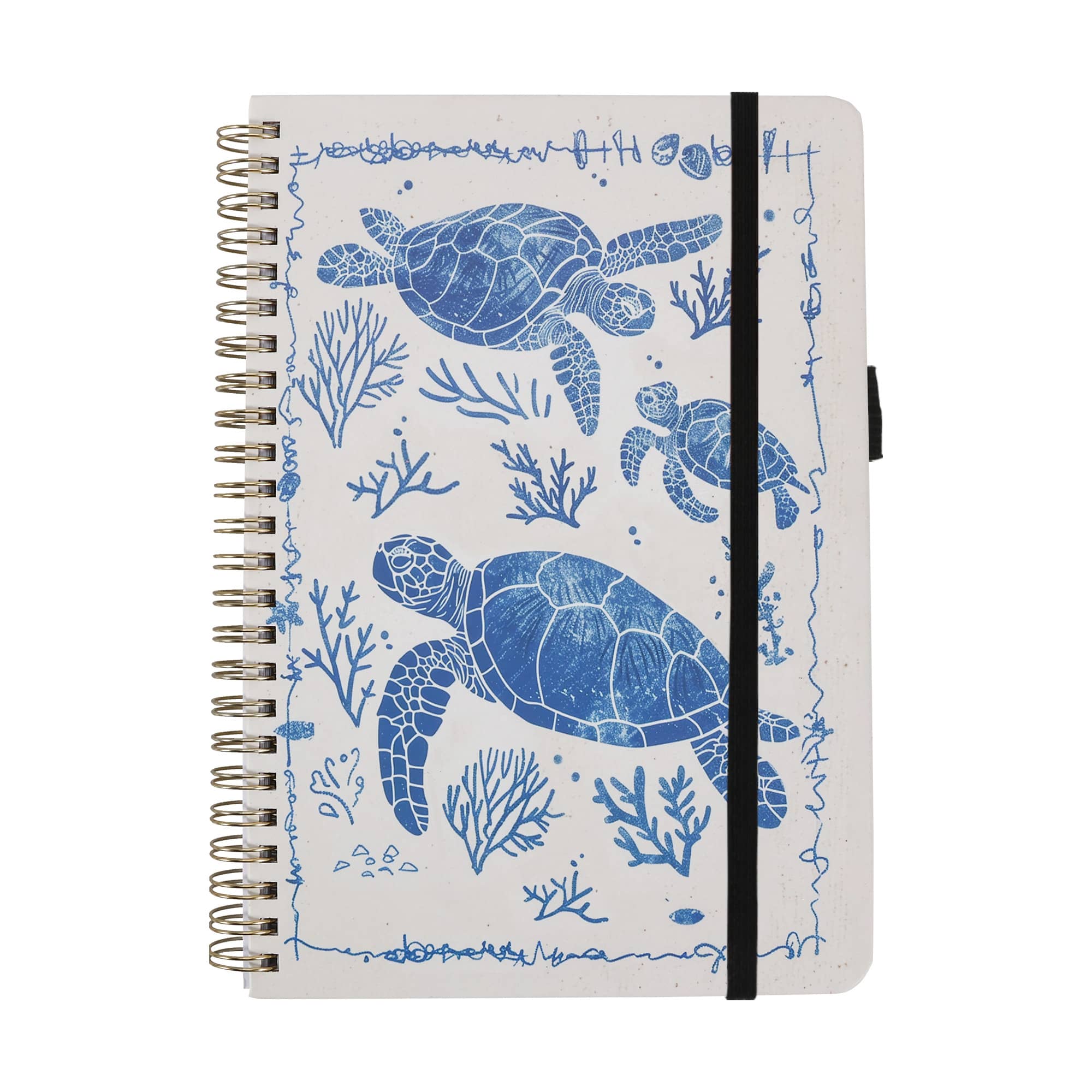 A4 Wiro side-bound notebook featuring a blue and white design of sea turtles and coral. Includes an elastic band closure. A4 Wiro Side Bound Notebook - Image 1