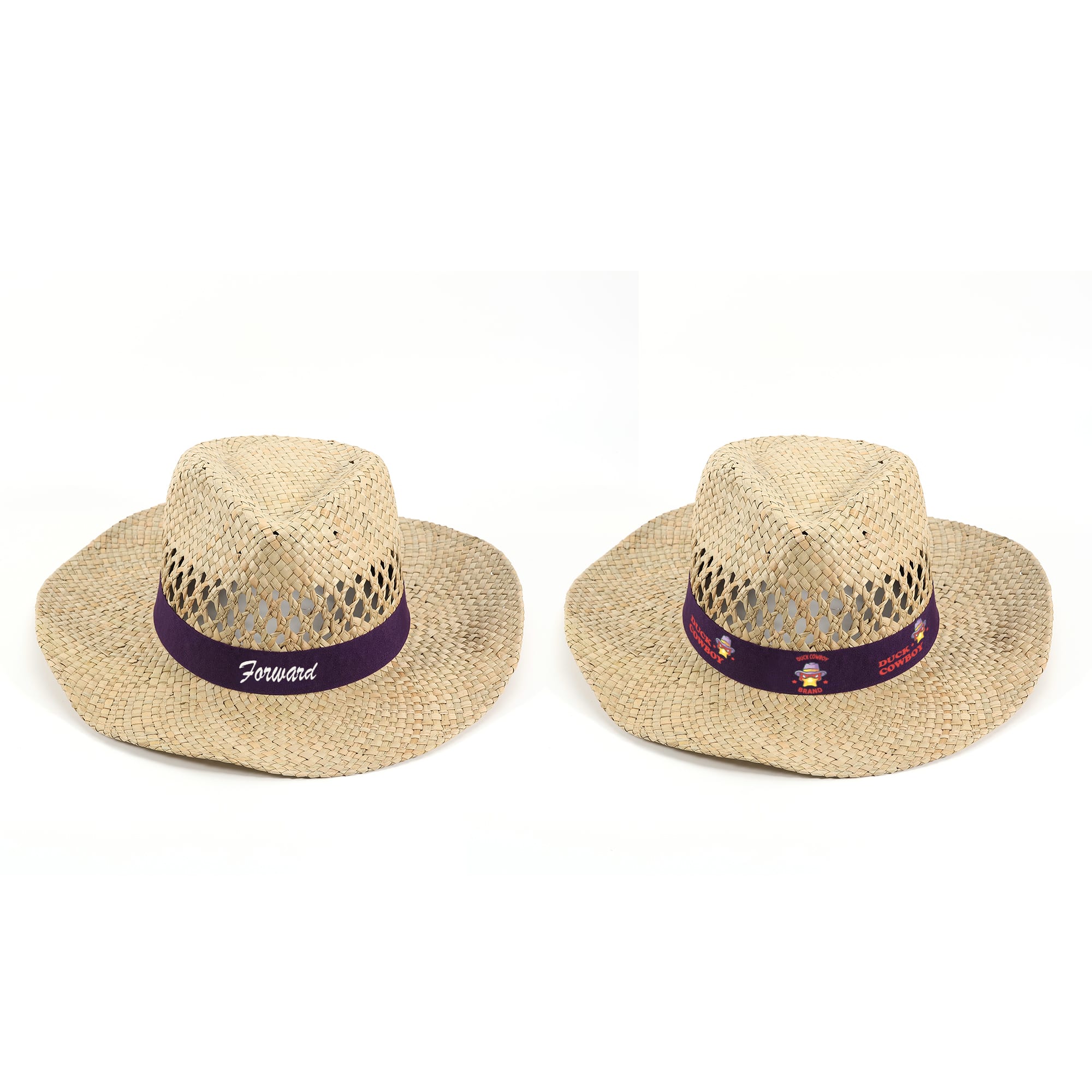 A straw cowboy hat with a wide brim, featuring a purple band and a logo. Light tan colour with woven design. Cowboy Straw Hat - Image 1