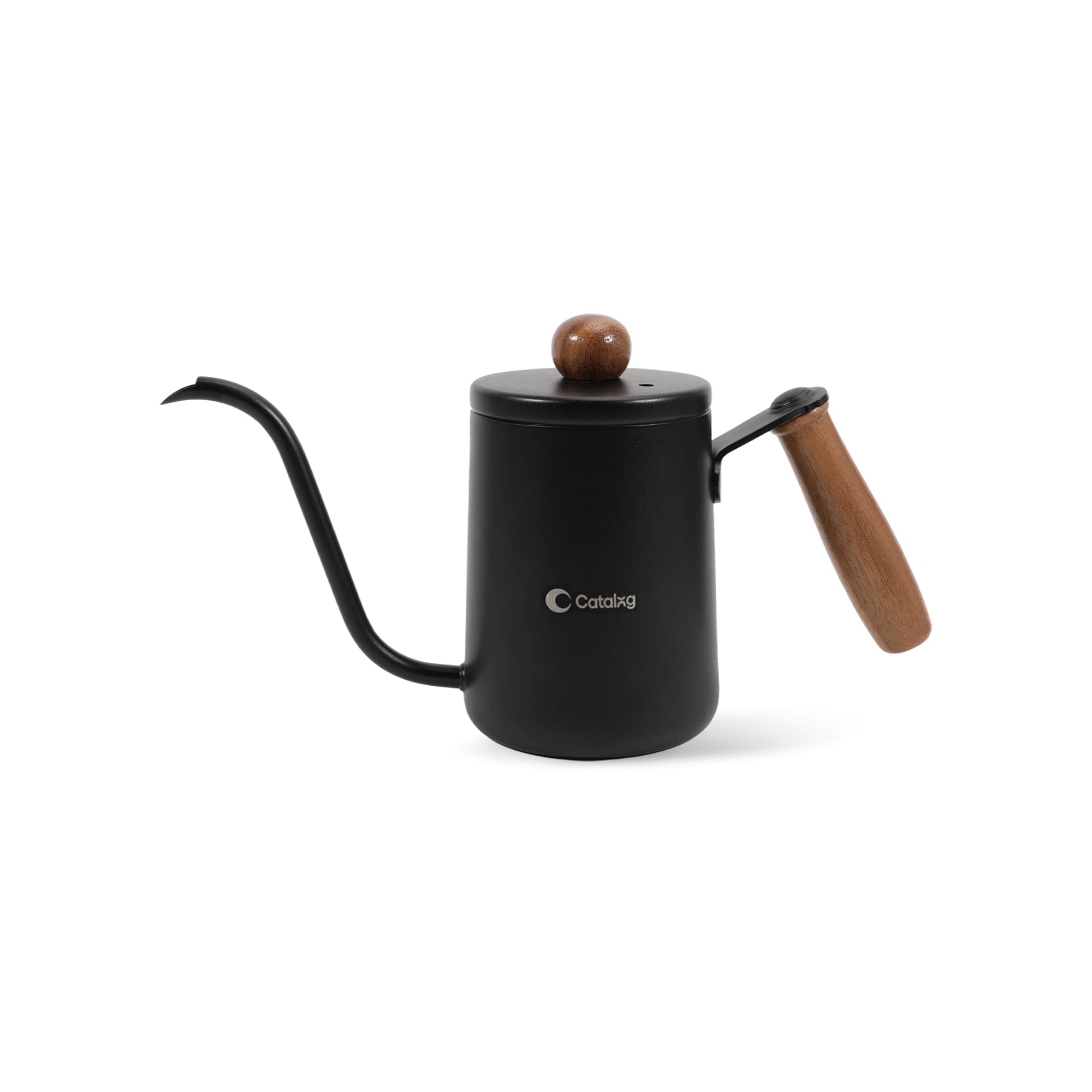 A stainless steel pour over kettle in matte black with a wooden handle and knob, featuring a spout for precise pouring. Stainless Steel Pour Over Kettle with Wooden Handle - Image 1