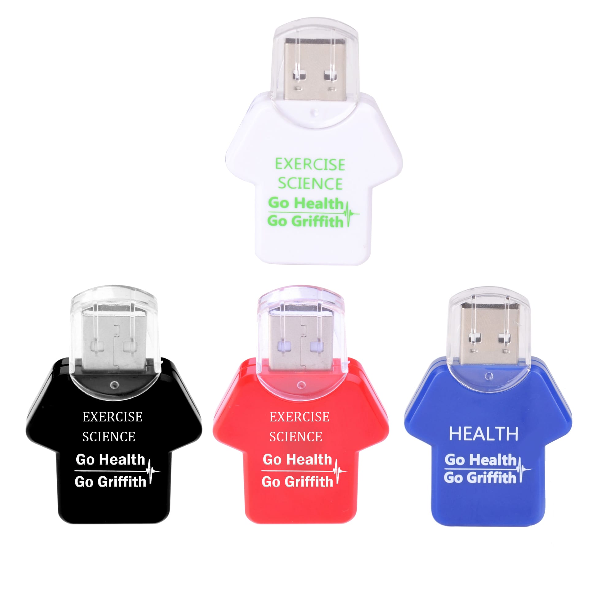 Four flash drives shaped like T-shirts in white, black, red, and blue, each featuring a logo and branding. Tee Shirt Flash Drive - Image 1