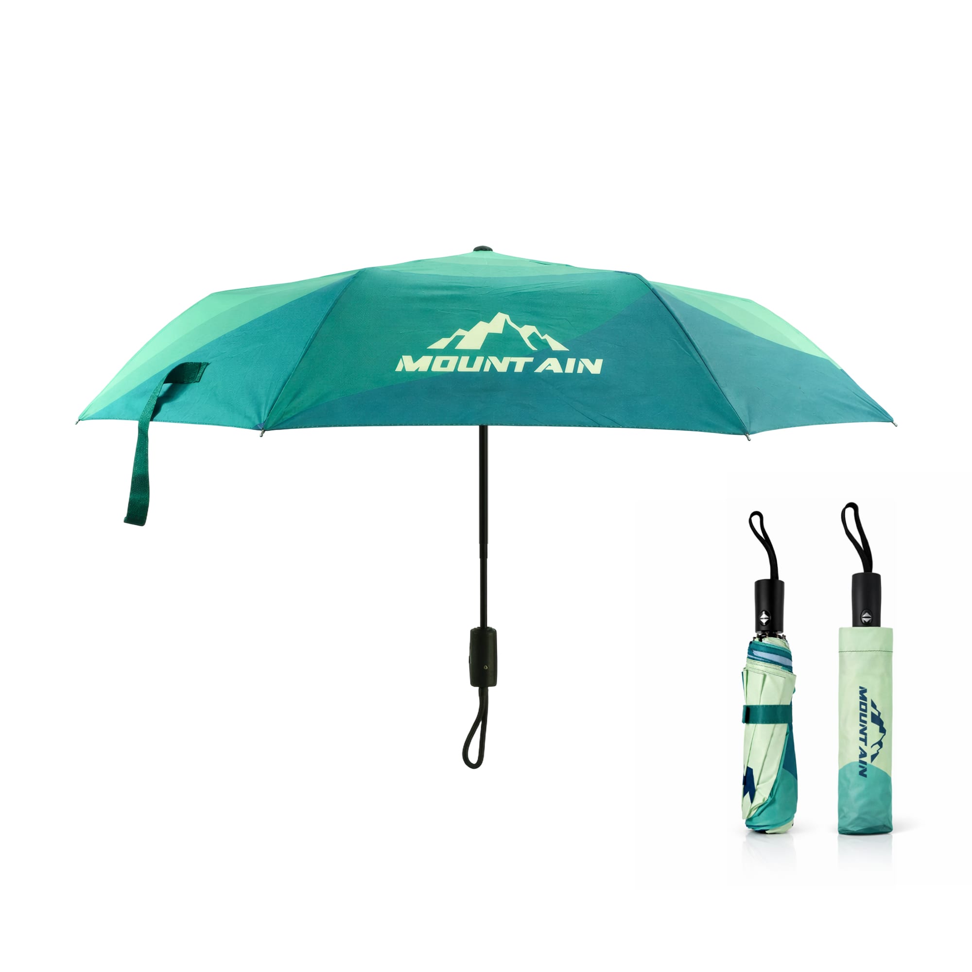 A 21'' automatic compact folding umbrella in shades of green with a matching carrying case and logo. 21'' Automatic Compact Folding Umbrella - Image 1