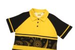 A yellow and black Hawaiian shirt with a patterned design and a polo collar, featuring a logo.