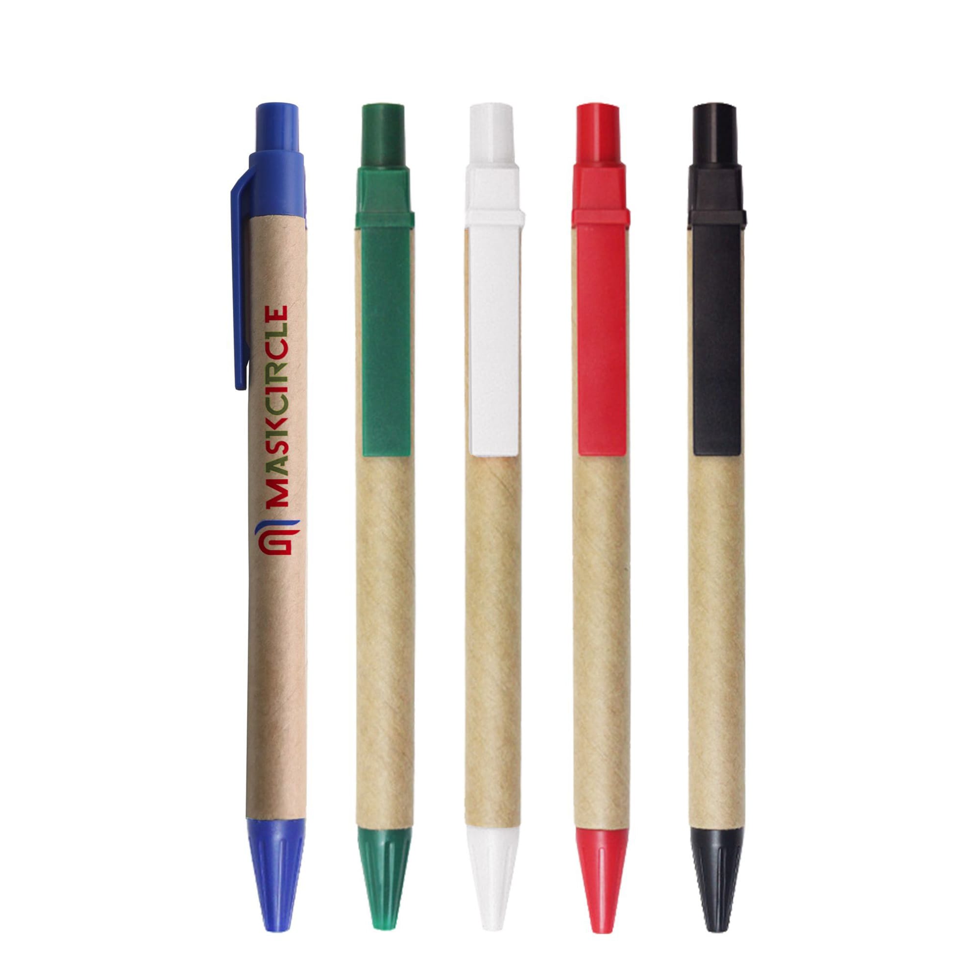 A set of five Kraft paper ball pens in blue, green, red, white, and black with a logo on one pen. Kraft Paper Ball Pen - Image 1
