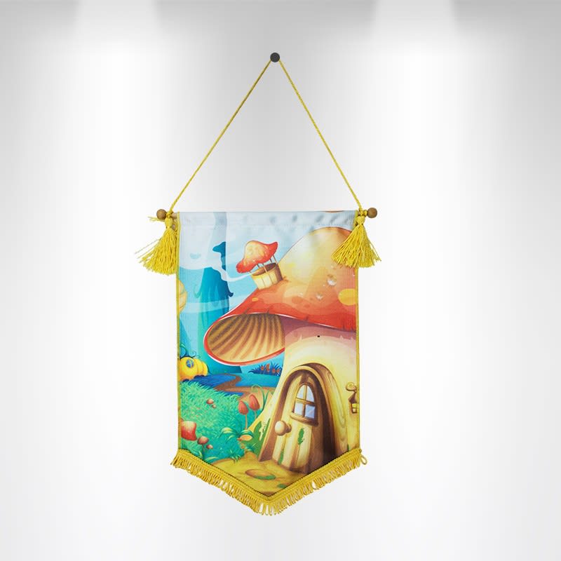 A flag featuring a vibrant, illustrated scene with a whimsical mushroom house and colourful landscape, adorned with yellow tassels. Podium Flags - Image 1