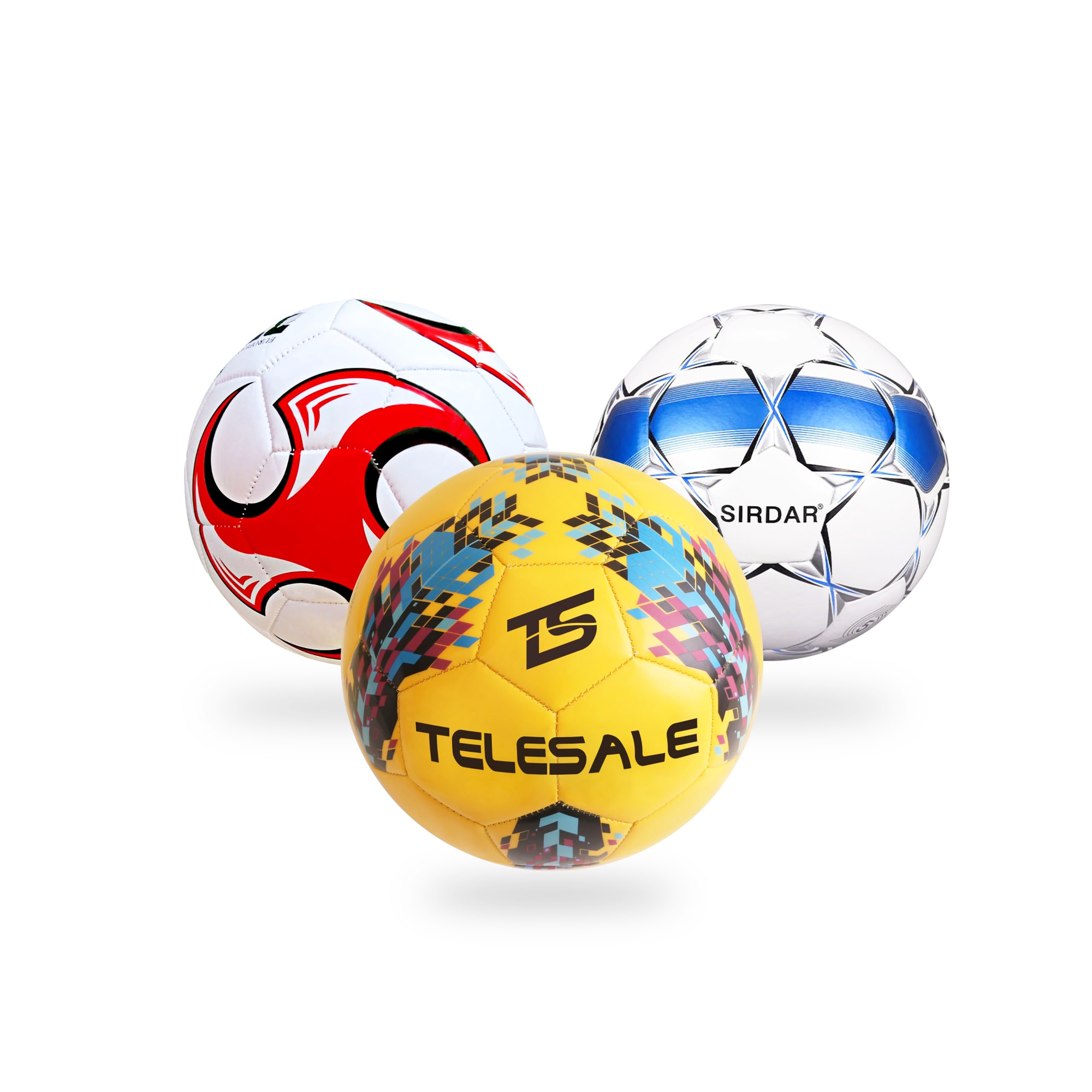 Three soccer balls in various designs: one red and white, one blue and silver, and one yellow with colourful patterns. Training Soccer Ball - Image 1