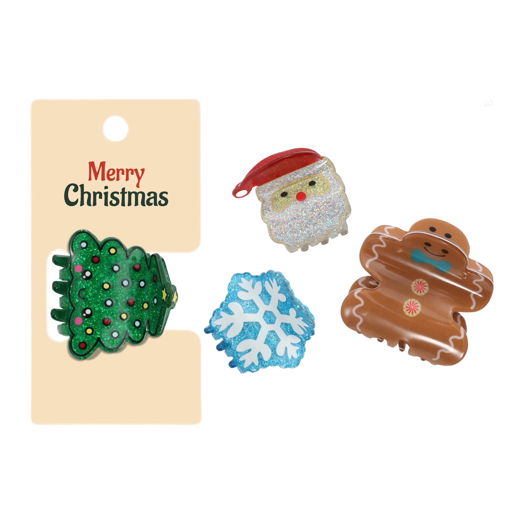 A set of three Christmas-themed hair claws featuring a tree, Santa, and a gingerbread man in festive colours. Christmas Hair Claws B - Image 1
