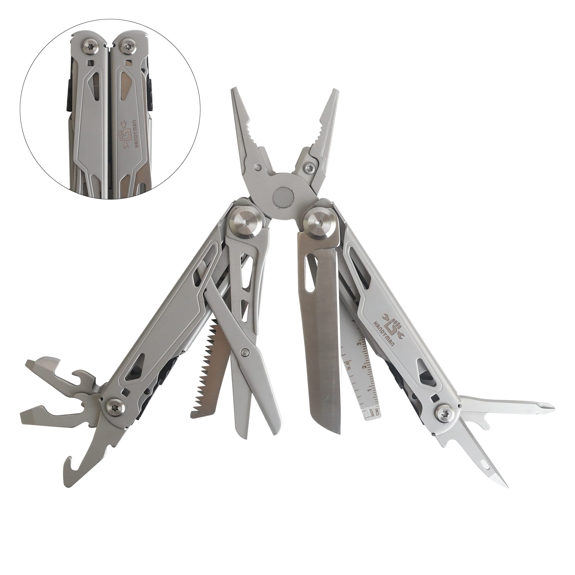 A stainless steel multi-tool with various tools including pliers, a knife, a saw, and a ruler, featuring a logo. Survival Multi-Tool - Image 1