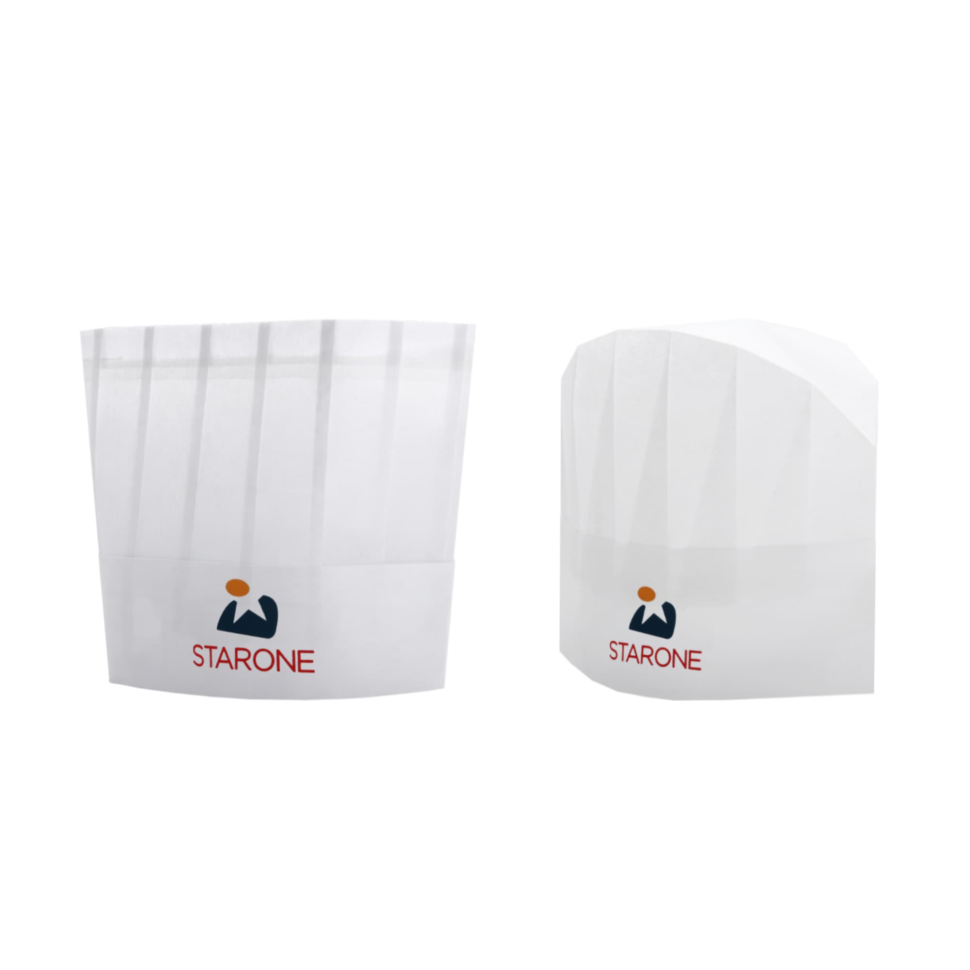 A white disposable kids chef hat featuring a logo on the front in red and blue. Disposable Non-woven Kids Chef Hat - Image 1