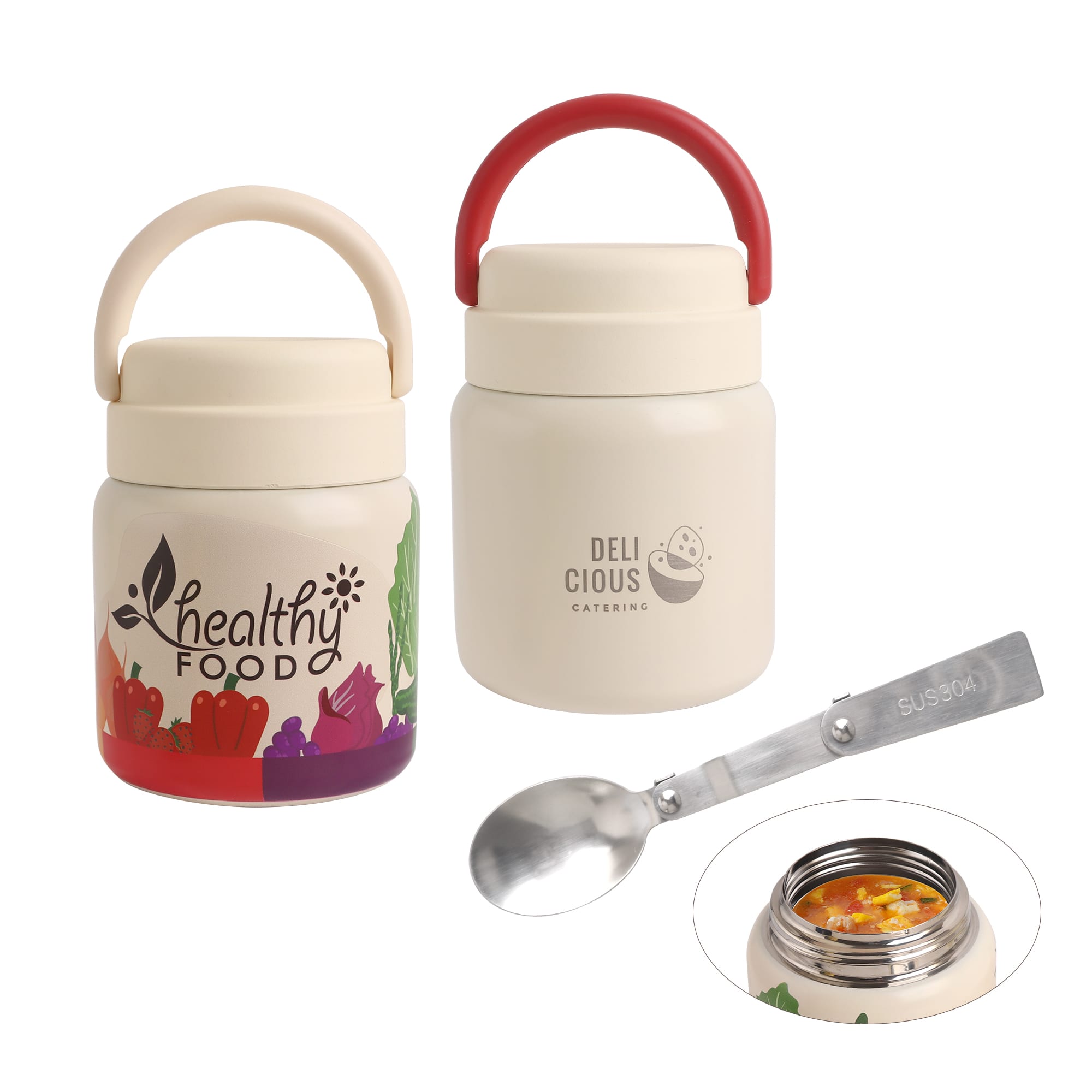 A stainless steel vacuum insulated food jar in cream with a red handle and a spoon, featuring branding on the side. 500ml Stainless Steel Vacuum Insulated Food Jar - Image 1