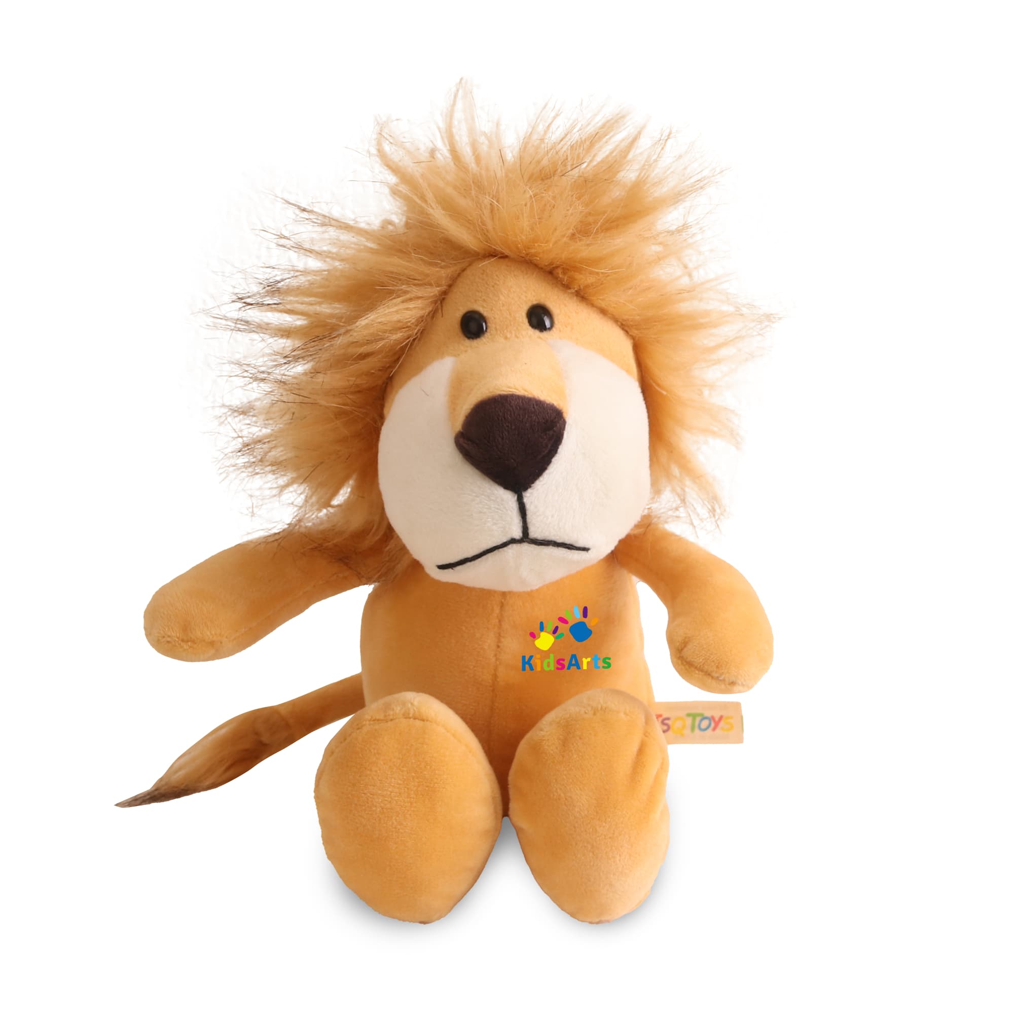 A plush lion toy with a soft body, tan colour, and a fluffy mane. It features a branding tag. Lion Plush Toy - Image 1
